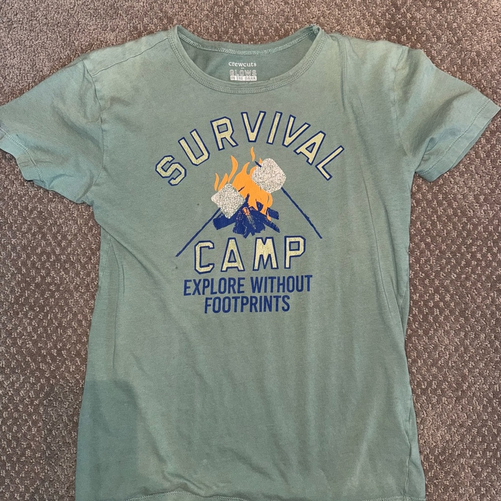 Crewcuts Green Survival Camp Tee size 14 well-loved/worn